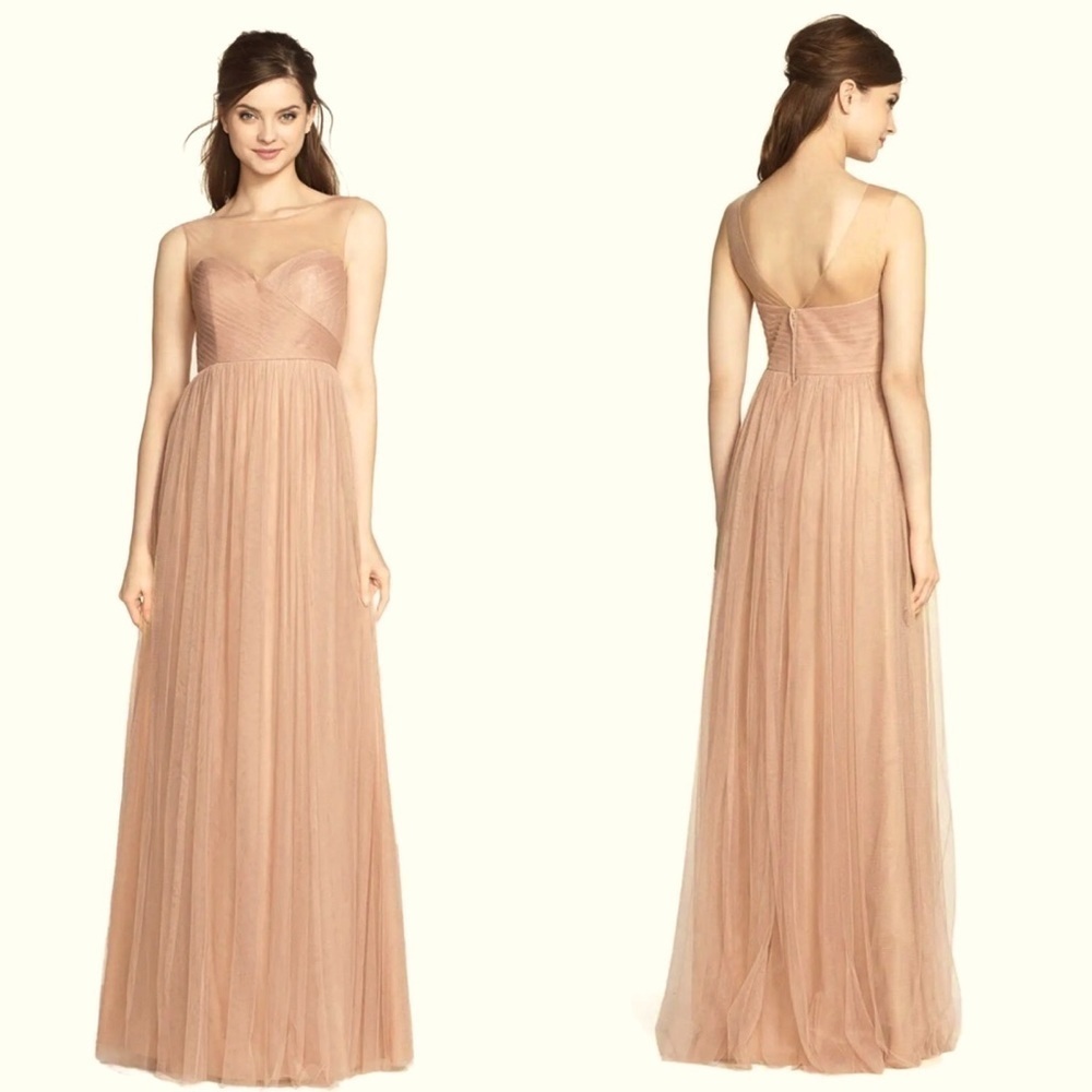 Jenny Yoo Aria Illusion Yoke Pleated Tulle Gown in Tuscan Beige 0